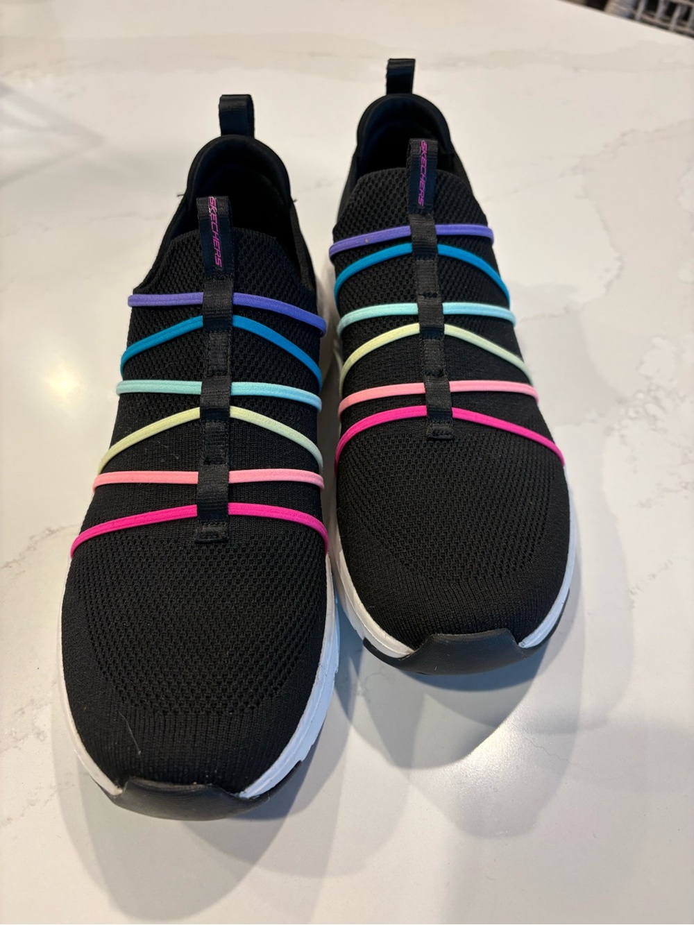 Skechers Black Slip-On Athletic Shoes with Rainbow Elastic Straps